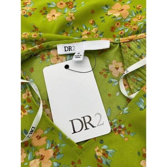Dr2 Pullover V-Neck Green Floral Pleated Flounce Sleeve Blouse XL NWT - Picture 7 of 10